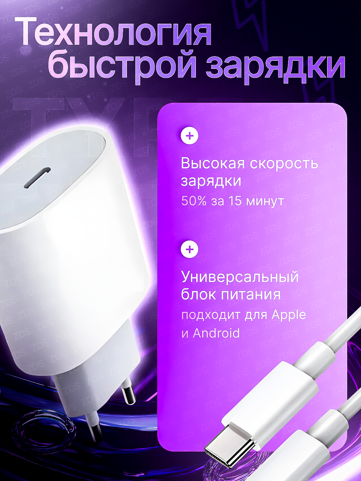 Быстрая зарядка 25W для iPhone и Android с 2 кабелями